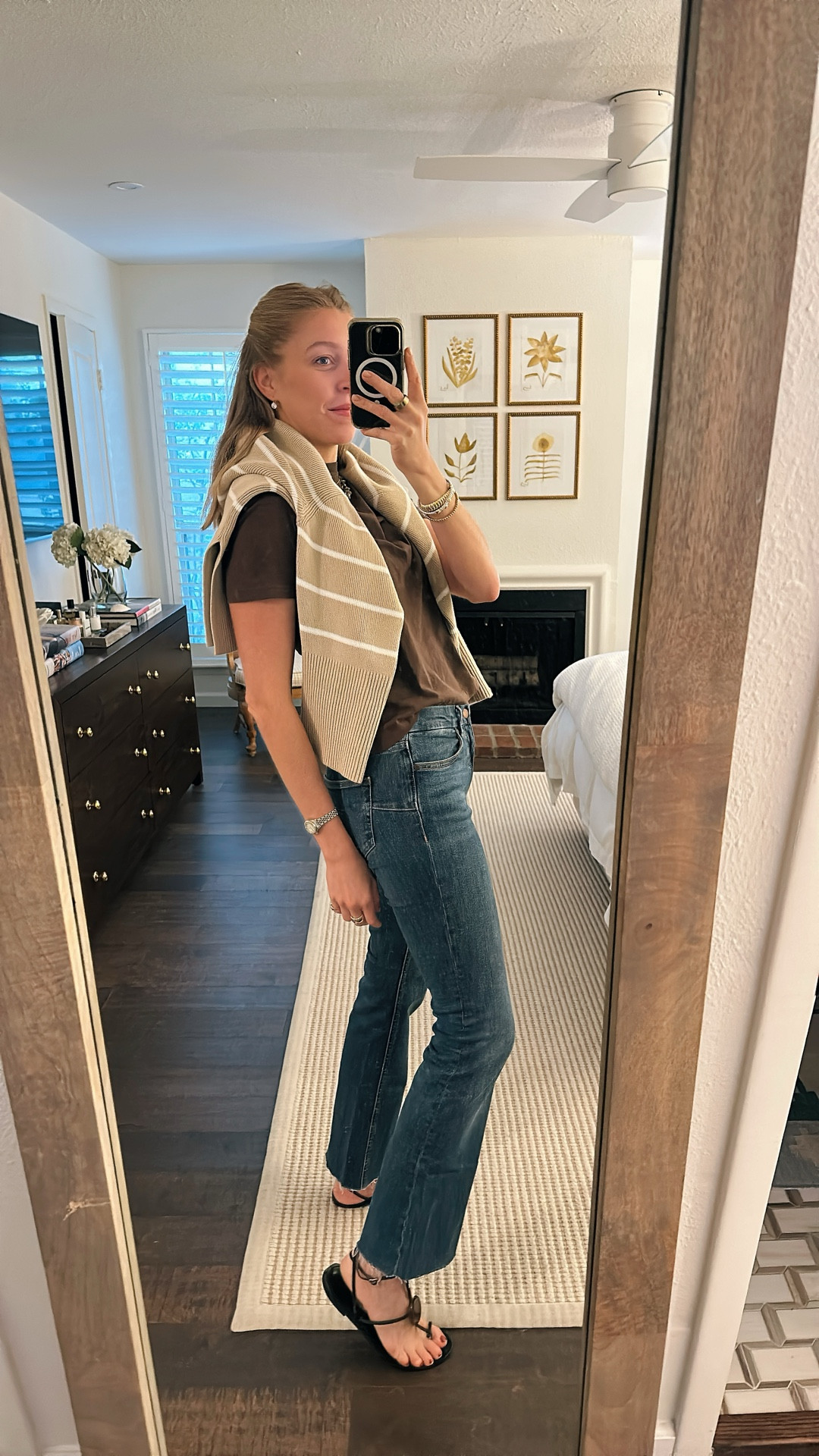 Swapping my everyday white tee for a brown one going into fall! This one is $13. Sized down to a small in the tee and sweater! 

#LTKSeasonal