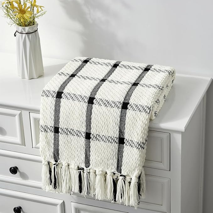 CREVENT 50"X60" Farmhouse Breathable Soft and Warm Chenille Plaid Throw Blanket for Sofa Couch Be... | Amazon (US)