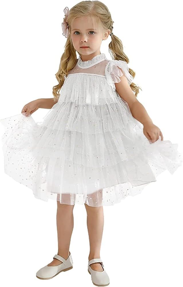 Baby Girls Sequins Embroidered Party Dress Mesh Tulle Ruffles Princess Dresses | Amazon (US)