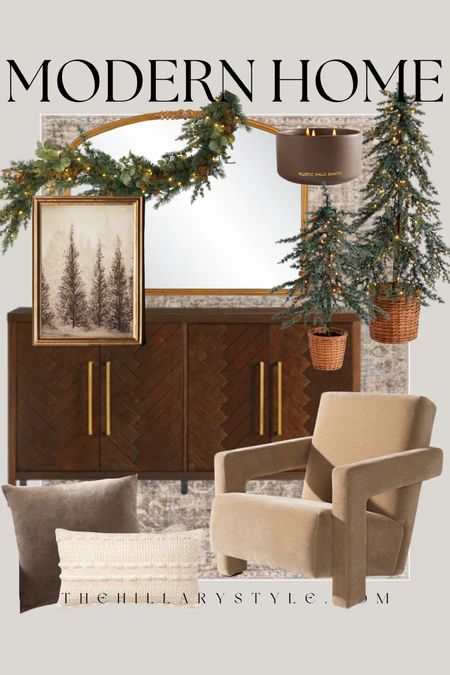Modern Home: Furniture and home decor finds for the modern holiday home. Velvet accent chair, wood buffet cabinet, gold arched mirror, faux tree in basket, framed winter art, velvet accent pillow, sweater accent pillow, garland, candle. Holiday home, holiday decor, winter home decor.

#LTKSeasonal #LTKhome #LTKHoliday