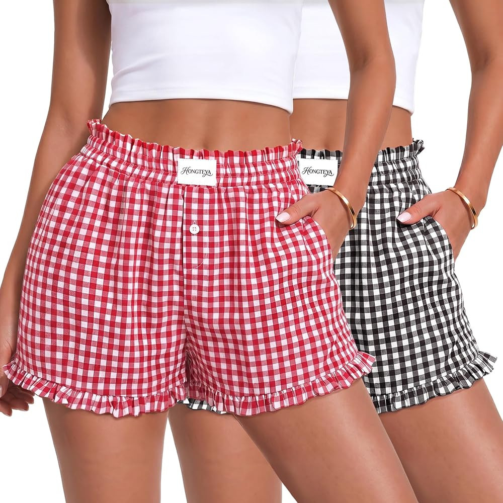 HONGTEYA Boxer Shorts for Women Cotton Ruffle Gingham Plaid Shorts Pajama Shorts Women Casual Sum... | Amazon (US)