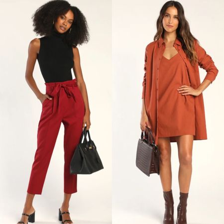 Do you need some cute work outfit ideas?? Well these 2 are perfect for an office job. The red pants are so cute! I would pair them up with a black long sleeve bodysuit for the winter and a long pea coat. That dress and shirt combo is so cute to wear with boots such a beautiful color! Lulus has some of the most beautiful items! 

#LTKstyletip #LTKworkwear #LTKSeasonal