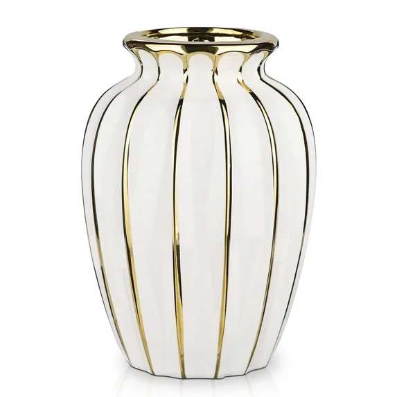 7.8" White Ceramic Flower Vase with Gold-Edge Modern Wave Vase Ribbed Textured Flower Vase for Ho... | Walmart (US)