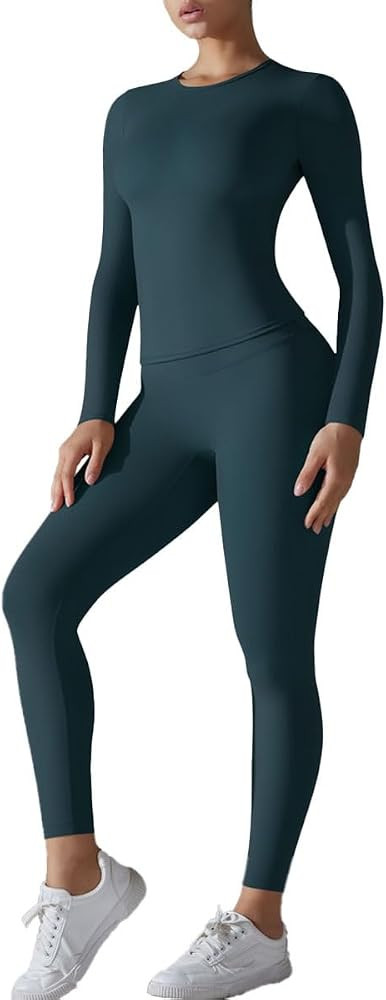 Workout Sets for Women 2 Piece Slim Fit Long Sleeve Top High Waist Butt Lift Leggings Exercise Gy... | Amazon (US)