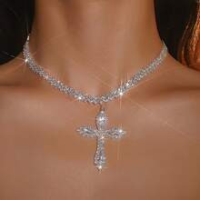 pc Fashionable Popular Luxurious Full Rhinestone Decorated Cross Pendant Necklace | SHEIN