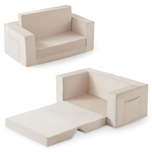 Kids Couch, 2-in-1 Toddler Chair Comfy 1-3 Years, Convertible Kids Chair, Toddler Couch That Fold Out, Kid Lounge Chairs for Boys and Girls, Soft Coral Fleece, Double, Beige | Amazon (US)