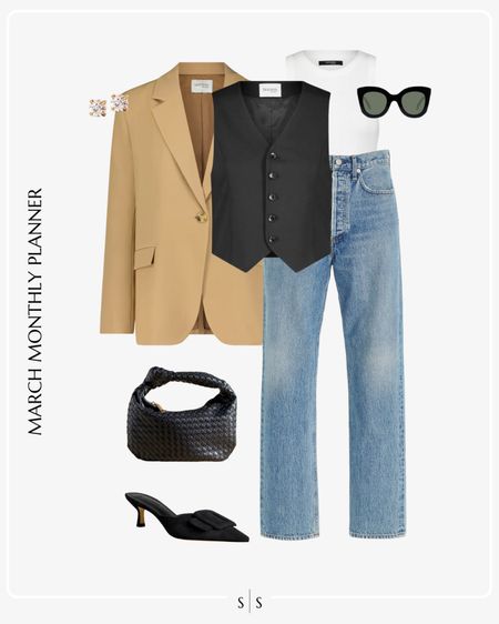 Monthly outfit planner: MARCH: Winter to Spring transitional looks | tailored vest, tan oversized blazer, straight jean, high neck white tank, kitten heel, woven knot handbag

See the entire calendar on thesarahstories.com ✨ 


#LTKstyletip