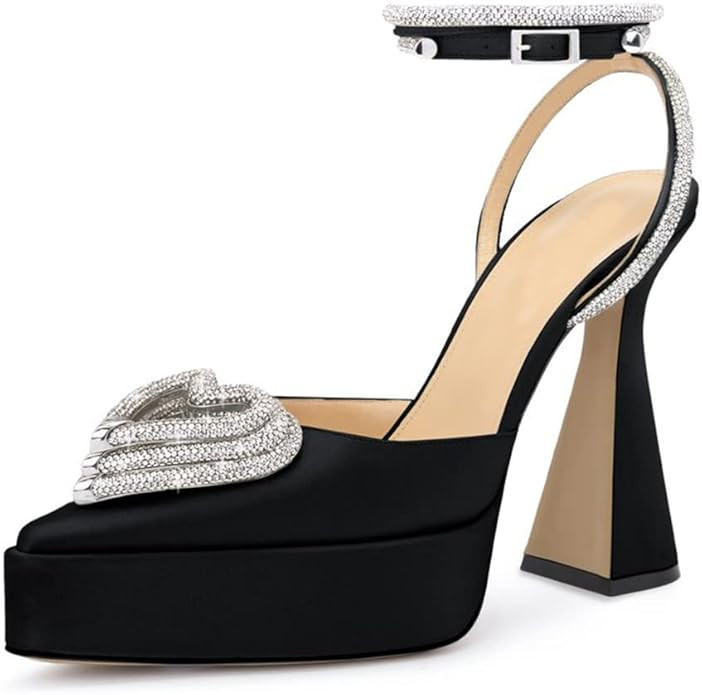 EQAUDES Platform Rhinestone Heels Strappy Chunky High Heel Pointed Toe Triple Heart Rhinestone Cr... | Amazon (US)