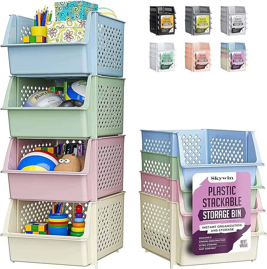 Skywin Plastic Stackable Storage Bins for Pantry - 4-Pack Multi-Colored Stackable Bins For Organi... | Amazon (US)