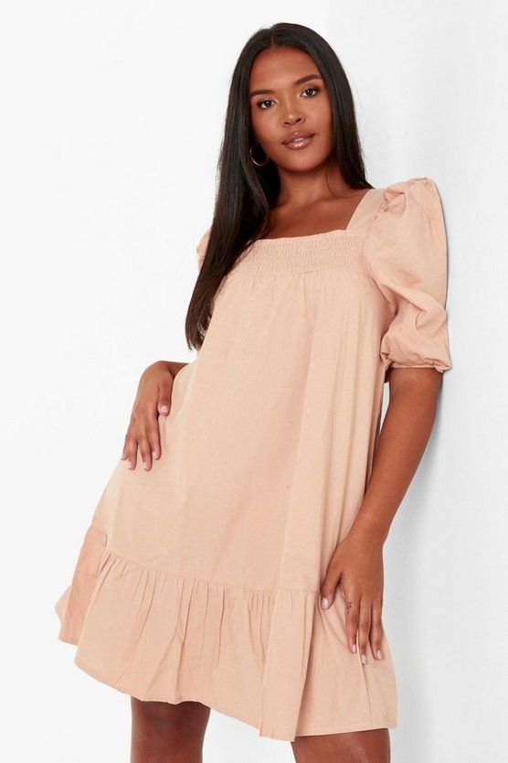 Cotton Puff Sleeve Dropped Hem Smock Dress | Boohoo.com (US & CA)