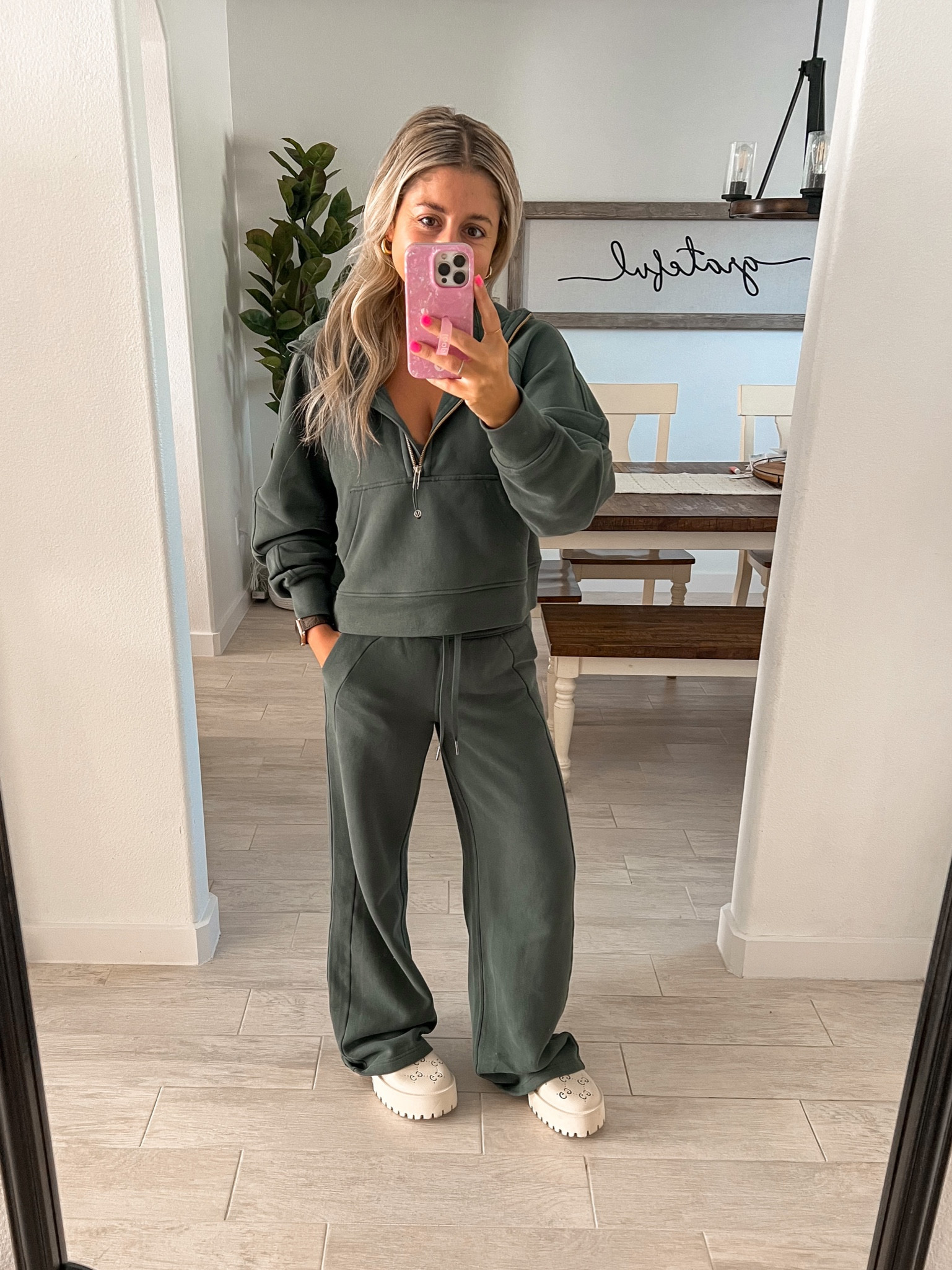Lululemon outfit is so comfy! Love this color for fall and the holidays! 
Lululemon scuba hoodie size xs/s
Wide leg pants size 2
Gucci shoes true to size and comfy
Athleisure outfit 
Comfy sets 

#LTKFind #LTKshoecrush #LTKunder100