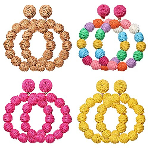 4 Pairs Rattan Earrings for Women Boho Raffia Ball Hoop Dangle Earring Set Handmade Summer Beach Earrings Lightweight Straw Wicker Braid Earring Gifts (4Pairs Dangle Earings) | Amazon (US)