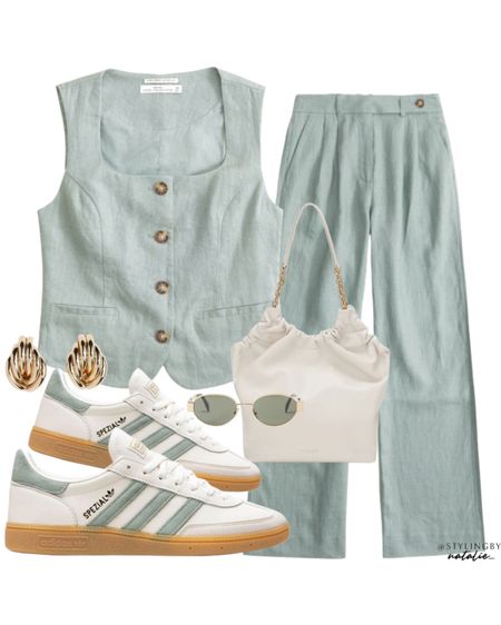 Linen waistcoat & tailored trousers matching set, adidas Spezial trainers, gold earrings, celine sunglasses & Demellier bag.
Summer outfit, sage green outfit,  co-ord set, matching set, smart casual, bank holiday outfit, premium linen, sneakers outfit.

#LTKshoes #LTKstyletip #LTKeurope