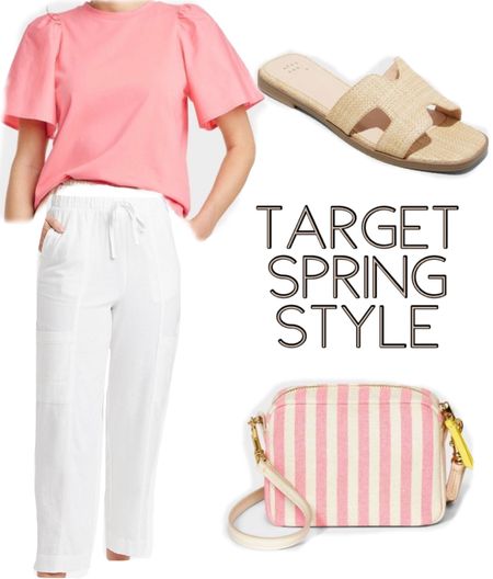 Target spring style! Target outfit idea for spring! Spring tops! Puff sleeve topped paired with white tapered pull on pants, sandals and a striped crossbody purse! White pants for spring! 

#LTKSeasonal