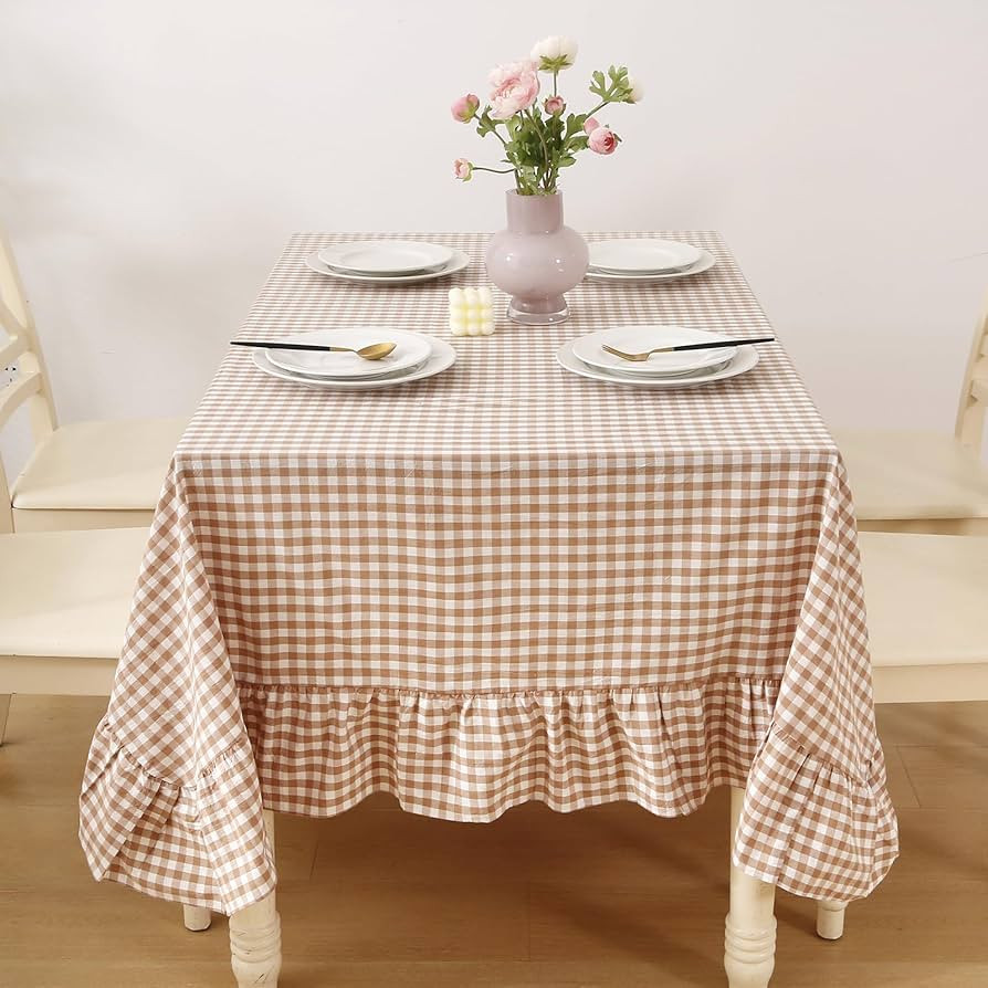Taupe Plaid Ruffled Table Cloth for Rectangle Table Seat 4-6, 100% Washed Cotton Brown Classic Fa... | Amazon (US)