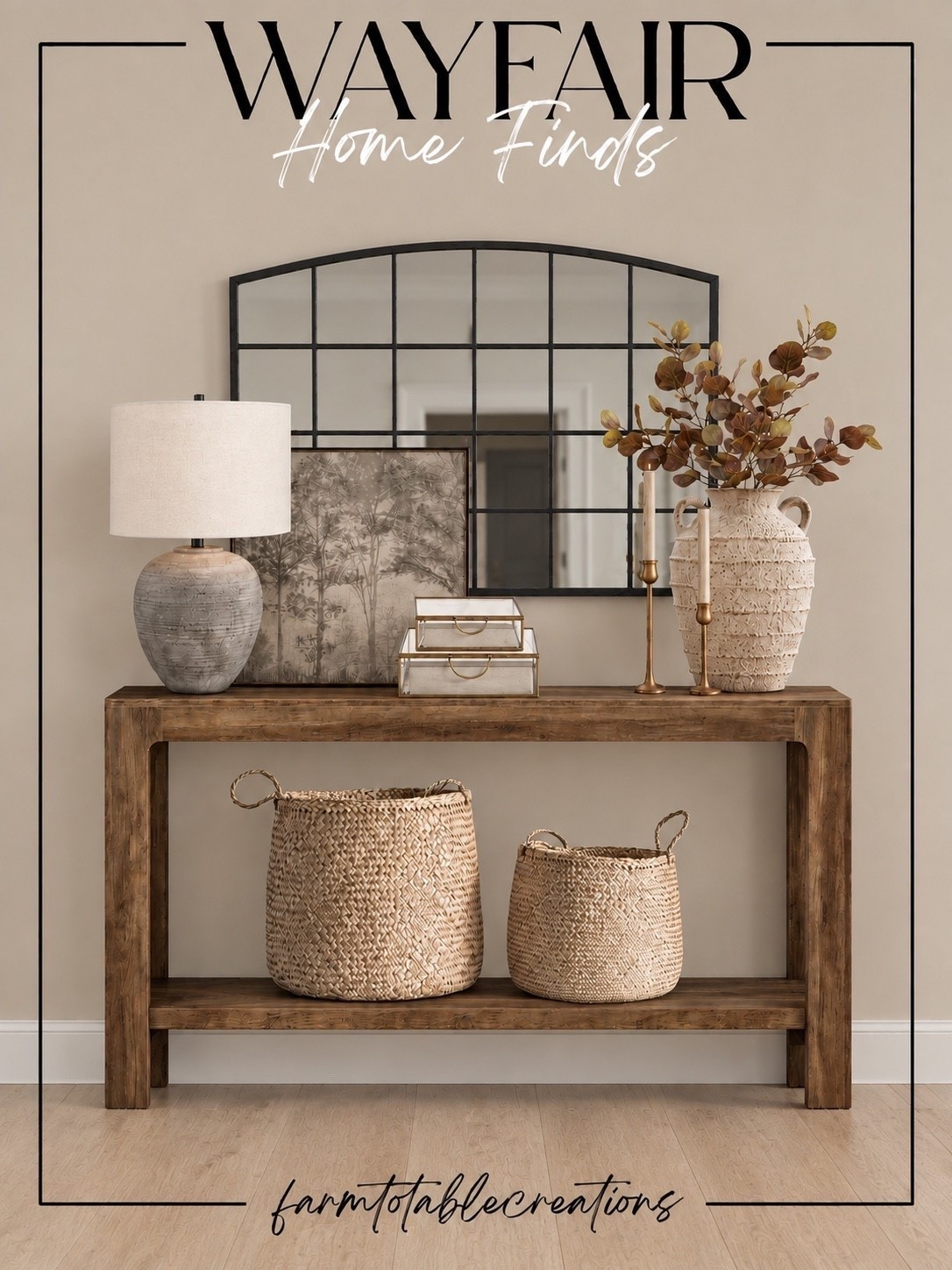 Wayfair Entryway Finds 🤎

This Wayfair entryway is the perfect mix of warm, timeless, and elevated! The chunky wood console and oversized windowpane mirror create such a beautiful focal point, while the textured lamp, woven baskets, vintage-inspired artwork, and decorative accents give it that collected designer look.

I love the mix of natural wood, aged brass, creamy neutrals, and warm fall stems. It’s an easy way to make an entryway feel cozy and welcoming while still keeping everything polished and neutral.

Follow @farmtotablecreations on Instagram for more cozy home finds and trending decor.

#LTKHome #Wayfair #WayfairFinds #WayfairHome #EntrywayDecor #EntrywayInspo #ConsoleTable #NeutralHome #CozyHome #WarmNeutrals #DesignerInspired #FallHomeDecor #HomeDecor #HomeInspo #LTKFinds