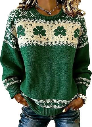 Irish Sweater Women St. Patrick's Day Knitted Shamrock Sweater Long Sleeve Crew Neck Casual Pullo... | Amazon (US)