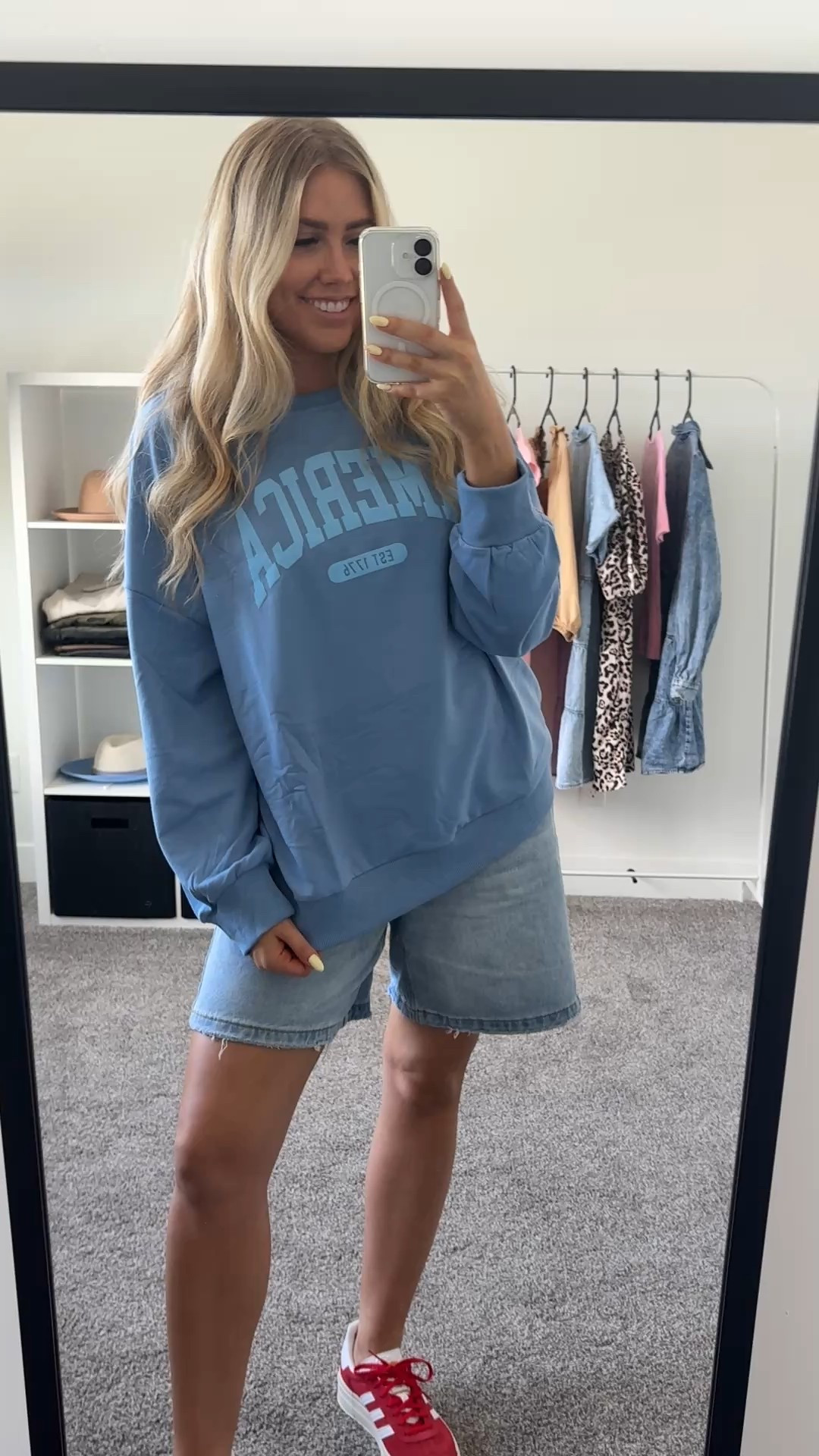 America sweatshirt: sized up one to an L
Jean shorts: wearing usual M
Red sneakers: true to size

| Memorial Day outfit | Fourth of July outfit | patriotic outfit | summer outfit 

#LTKSummerEdit #LTKSeasonal #LTKFindsUnder100