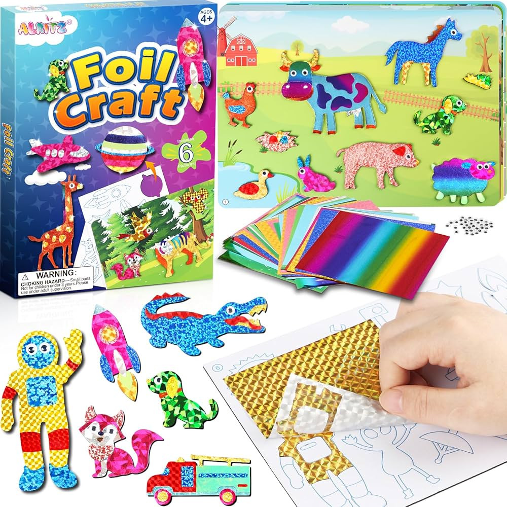 Alritz Foil Crafts Fun Kit, No Mess Foil Art Kit Toys for Kids Animals Space Cars, Foil Stickers,... | Amazon (US)