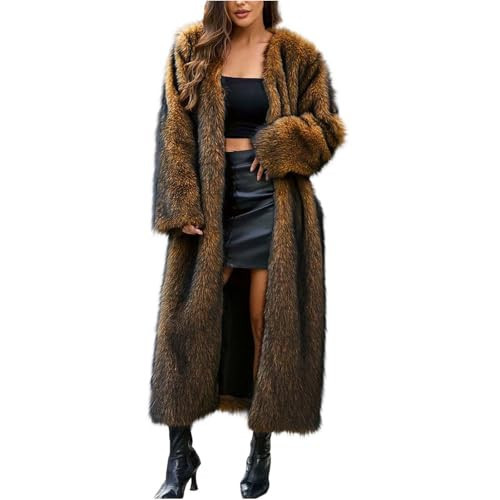 Long Faux Fur Coats for Women Winter Long Sleeve Warm Open Front Overcoats Shaggy Plush Dressy Casual Jackets(Brown,Small) | Amazon (US)