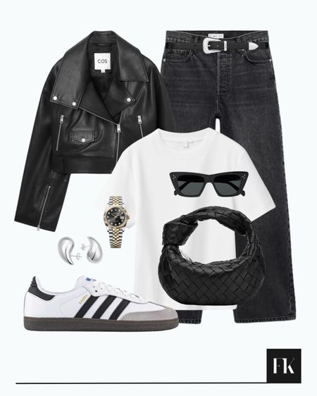 Monochrome cool girl outfit, black leather jacket and jeans, white tee, Adidas Sambas and black and silver accessories, bottega jodie

#LTKSeasonal #LTKitbag #LTKstyletip