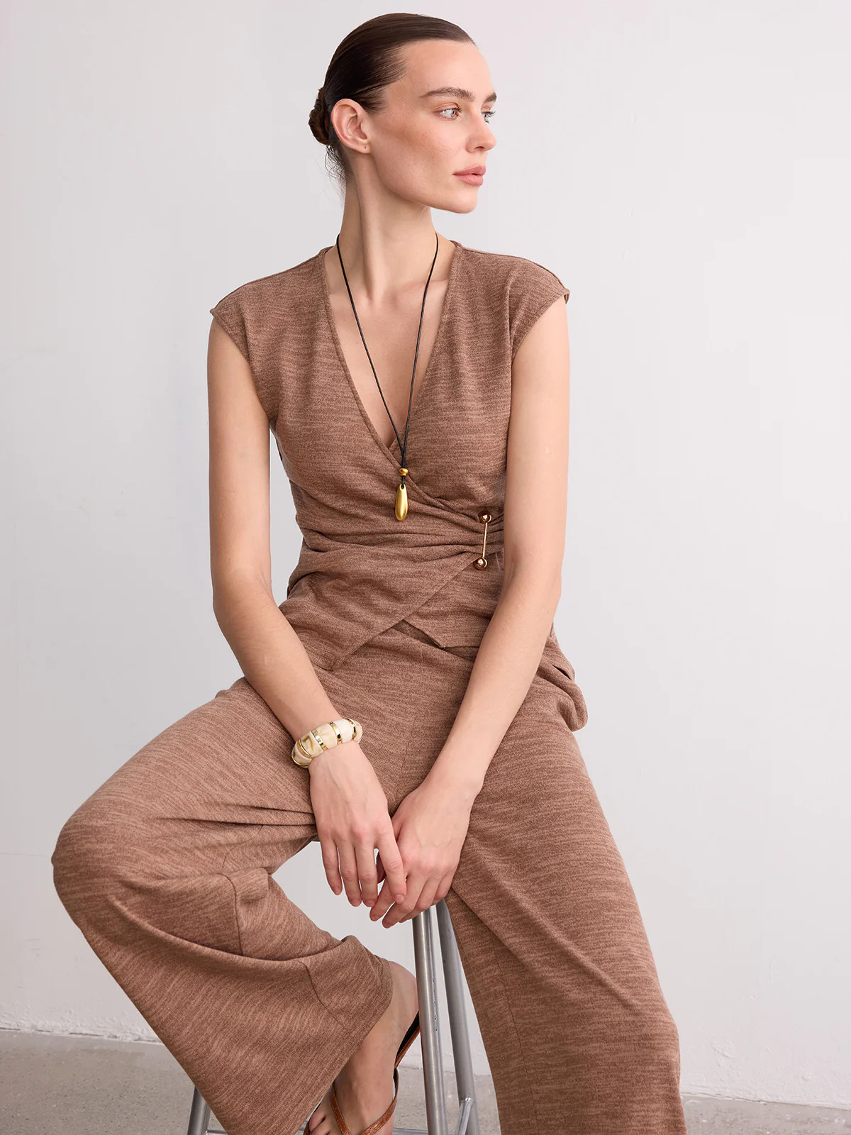 Wrap-Front Sleeveless Knit Top & Pants Set | Commense