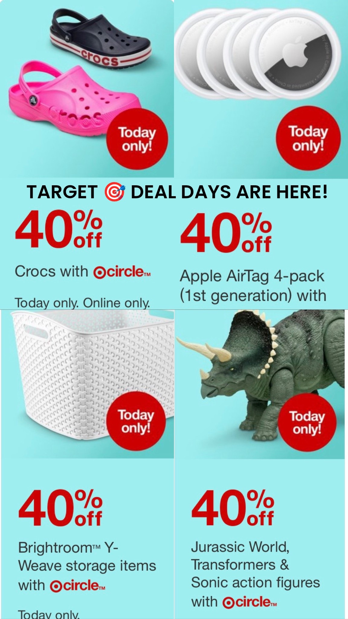 Target Deal Days have begun! ￼ Take 40% off so many amazing products, today only! More to come tomorrow. 40% off select crocs for kids and adults, 40% off bathroom storage, 40% off Jurassic Park toys, 40% off apple AirTags, 40% off beauty, products, women women’s spring dress dresses and Easter outfits and vacation outfits! Make up and skin care! Storage baskets for kitchen and bathroom. Easter basket gifts. Toys for boys and girls and toddlers! 

#LTKSaleAlert #LTKmomlife #LTKKids