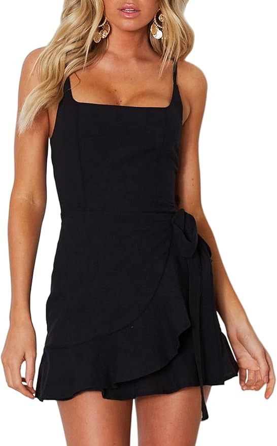 AIMCOO Women's Casual Ruffle Hem Solid Wrap Dress Spaghetti Strap Front Tie Knot Short Dresses | Amazon (US)