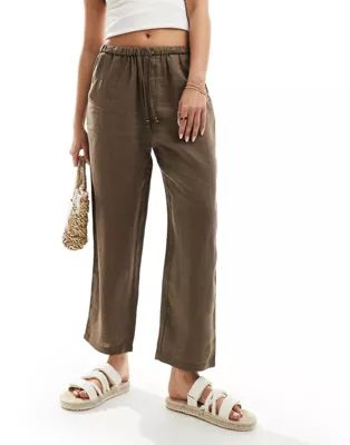 Mango linen tie waist trousers in brown | ASOS (Global)