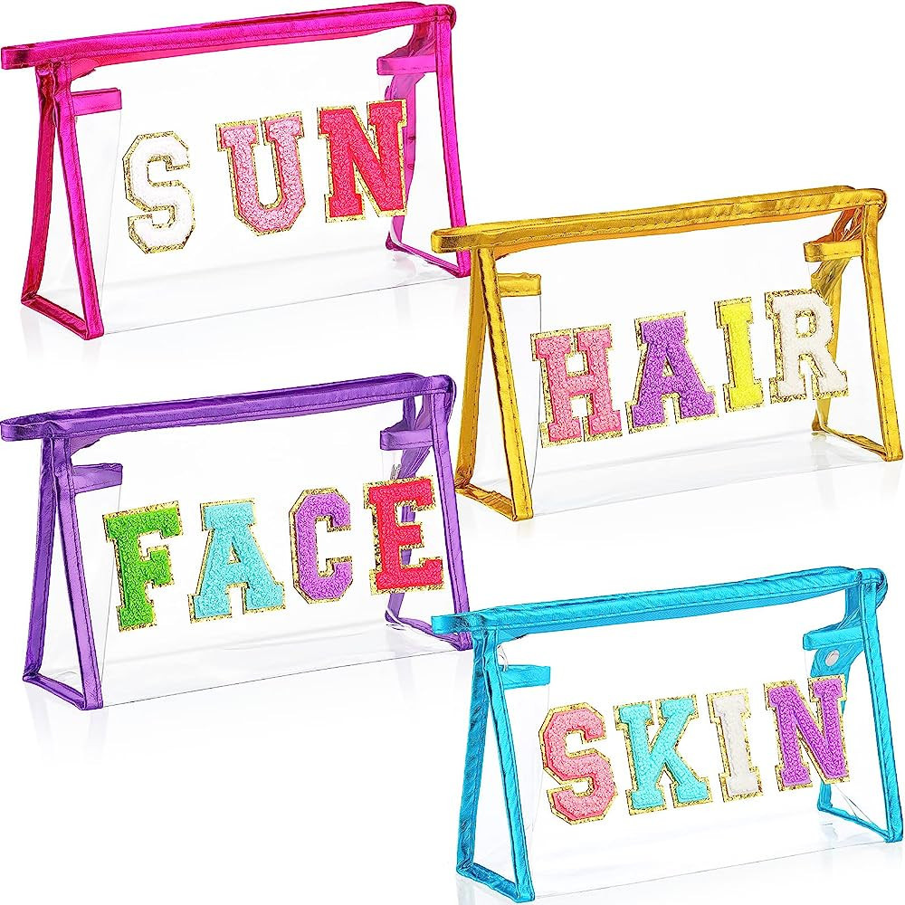 4 Pieces Clear Cosmetic Bag Chenille Letter Clear Makeup Bags Preppy Patch Portable Cosmetic Travel  | Amazon (US)