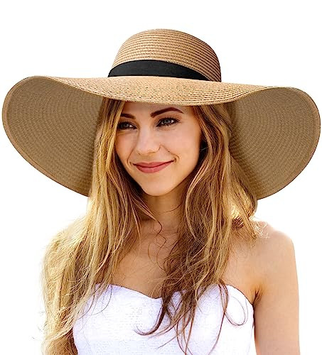 Womens Sun Hat UV Protection Wide Brim Beach Hat Floppy Foldable Roll-Up Straw Hats for Women UPF 50, A Khaki | Amazon (US)