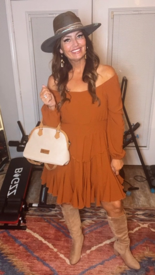 Ladies this look is very boho western! The dress is so flattering. I’m a boot girl ALWAYS, these boots are super comfy. 

#falldresses dresses wranglerpurse #datenightlook #boots #hat #westernhat #customhat

#LTKOver40 #LTKMidsize #LTKStyleTip