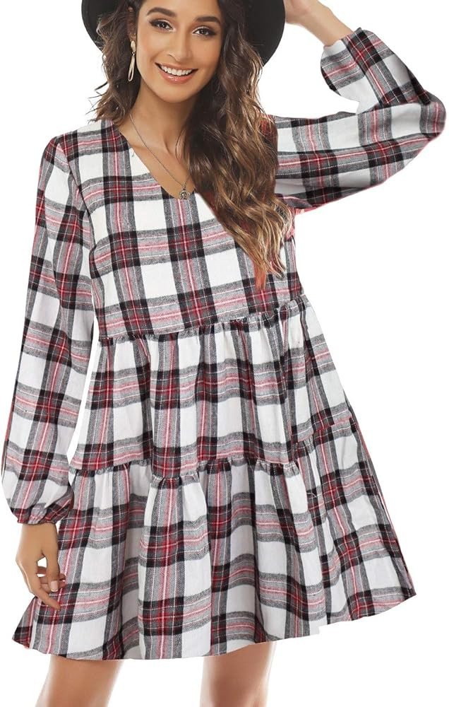 FANCYINN Long Sleeve Shift Tunic Dress Ruffle Swing Babydoll Juniors Mini Ruffle Dress with Pocke... | Amazon (US)