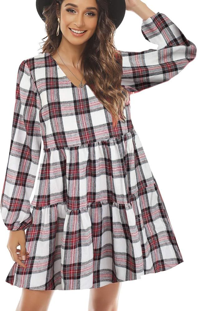 Womens Long Sleeve Buffalo Plaid Shift Tunic Dress Ruffle Hem Vneck Casual Swing Babydoll Mini Dr... | Amazon (US)