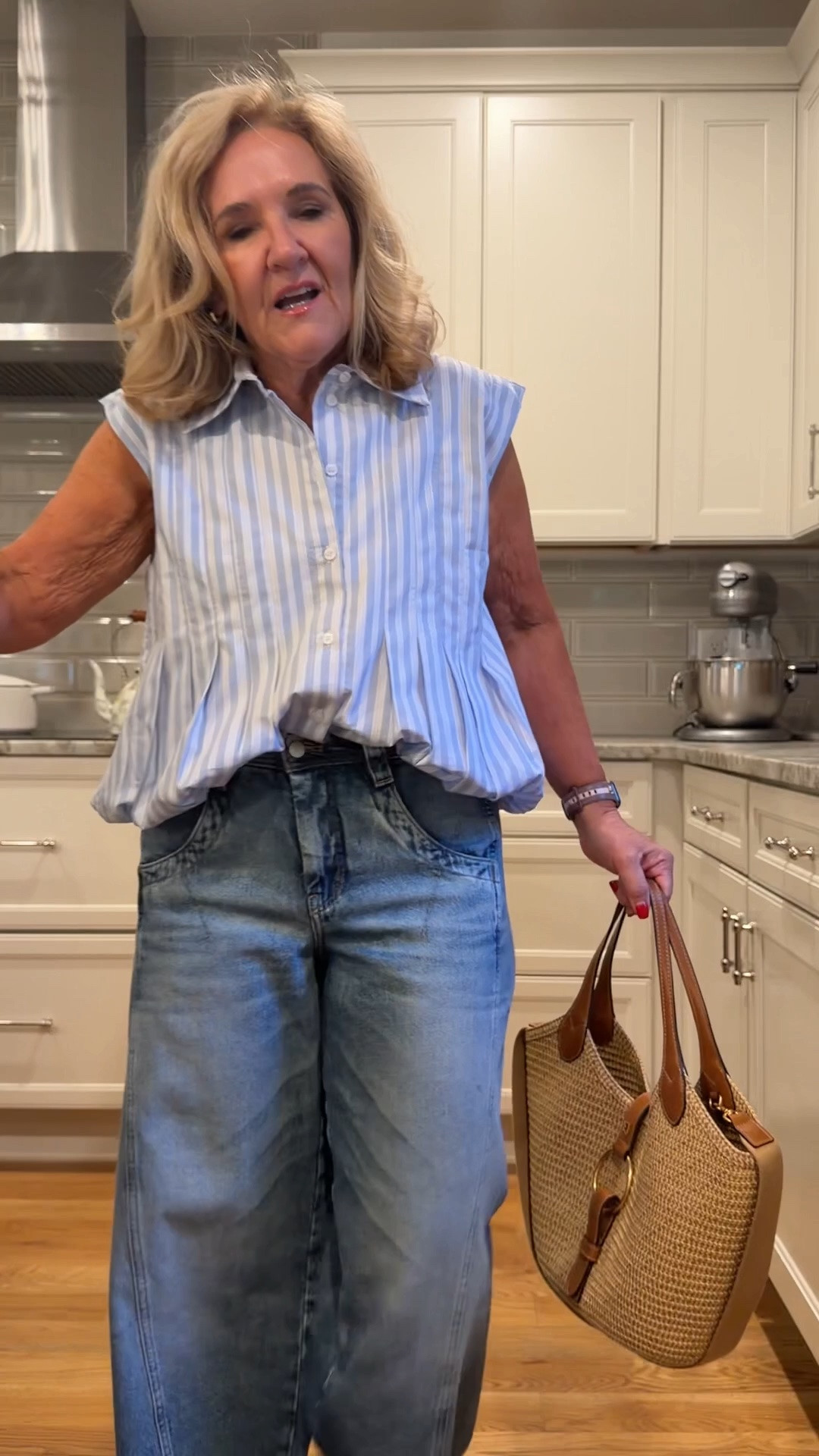 Bubble hem top on sale wearing a med. 
Avail in this stripe and a solid white 
Jeans size 29 petite size up if inbetween

#LTKOver40 #LTKSaleAlert #LTKPetite