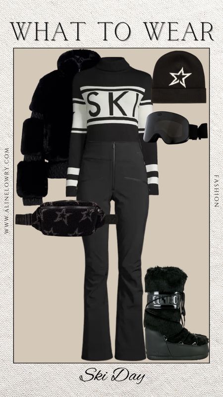 What to wear for a ski day. Ski pants and jacket, ski sweater, moon boots, ski goggles, warm ski beanie and ski bag. 

#LTKstyletip #LTKtravel #LTKSeasonal