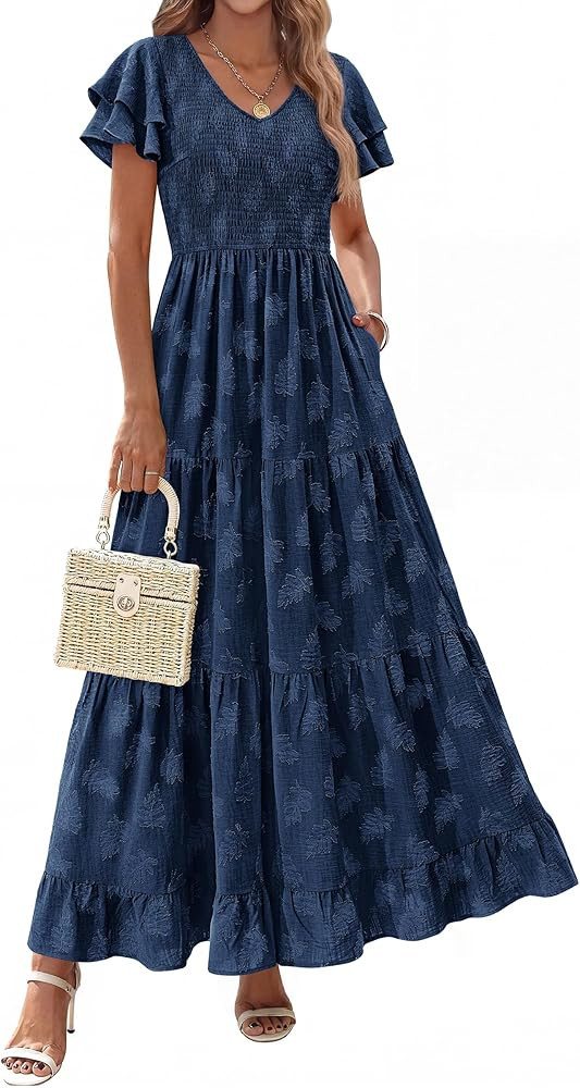 dowerme Maxi Dresses for Women 2026 Summer Ruffle Sleeve V Neck Smocked A Line Floral Boho Tiered... | Amazon (US)