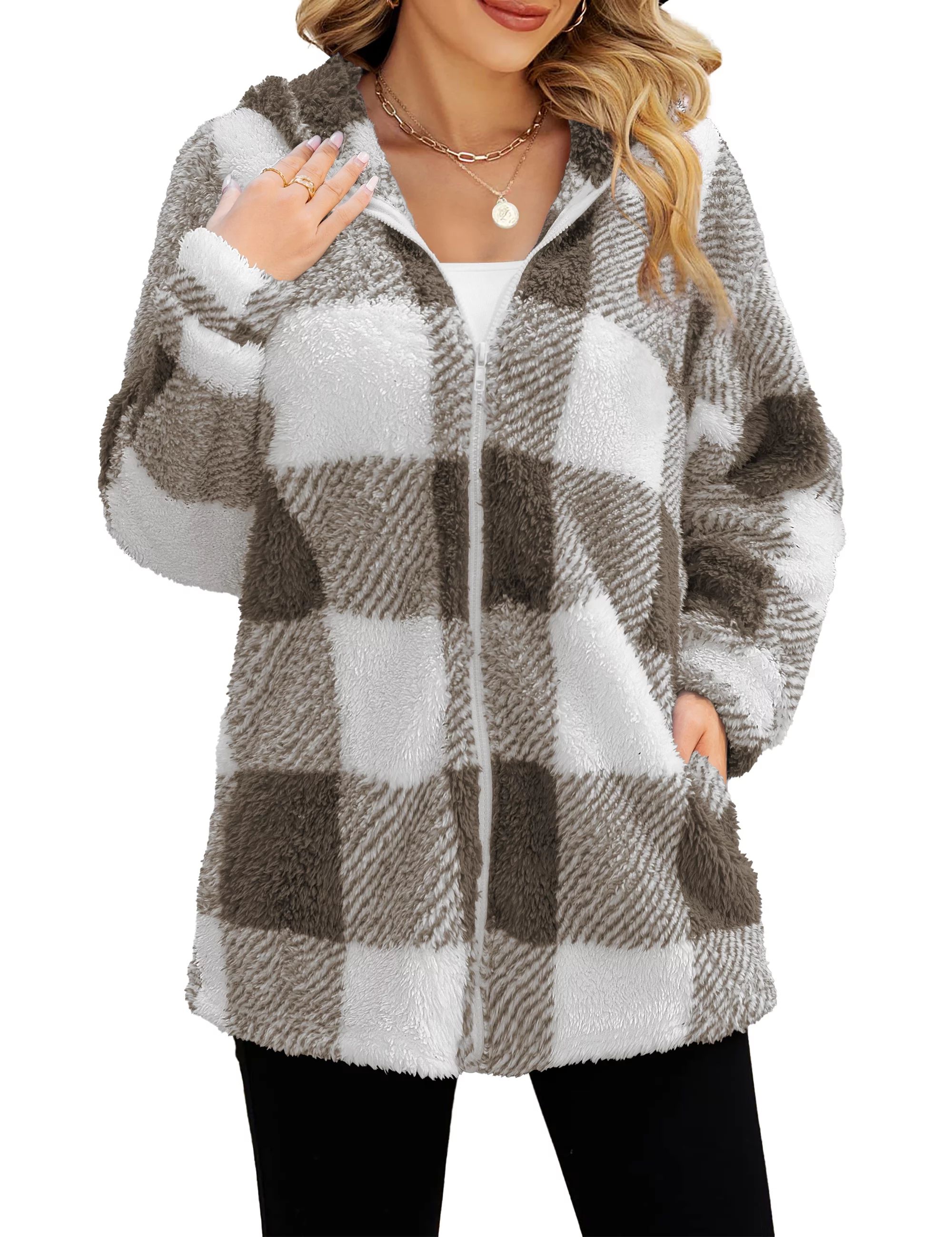 a.Jesdani Women's Full Zip Fleece Jacket Long Sleeve Buffalo Plaid Warm Hooded Coats Outerwear wi... | Walmart (US)