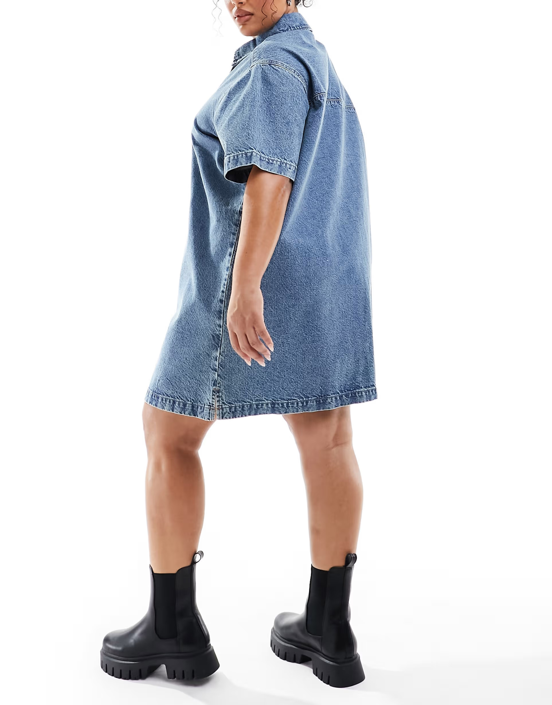 ASOS DESIGN Curve short sleeve denim shirt dress in midwash blue | ASOS (Global)