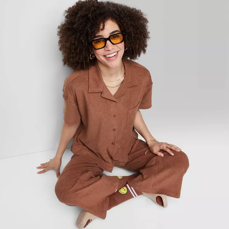 Women's Ascot + Hart Short Sleeve Graphic Button-Front Shirt - Brown | Target