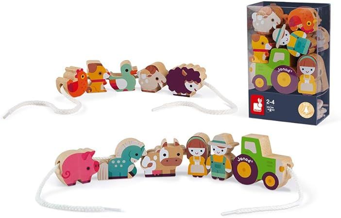Janod 2 Games-in-1 Stringable 11 Farm-Themed Wood Beads and Painted Wooden People and Animal Play... | Amazon (US)