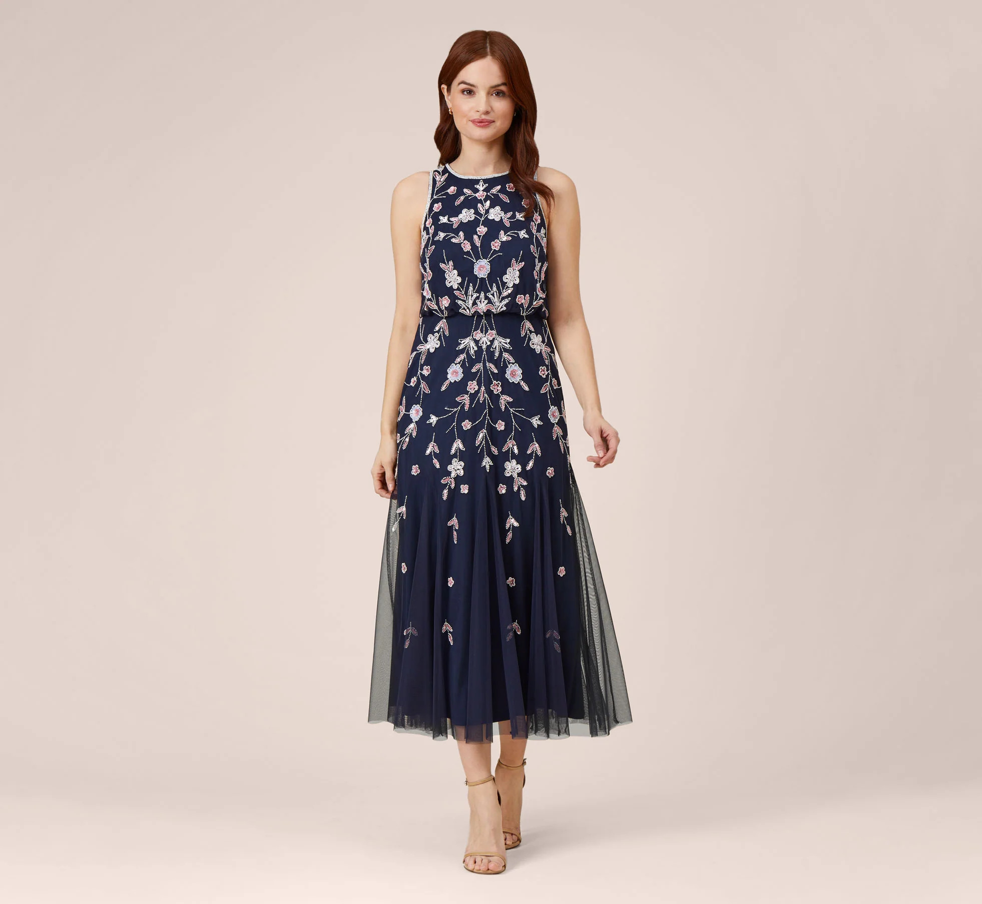 Floral Beaded Blouson Tea Length Dress In Navy Blush | Adrianna Papell
