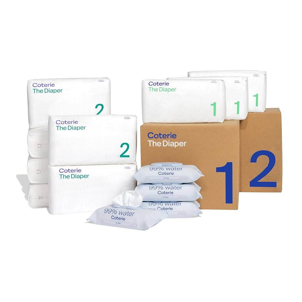 Coterie Baby Wipes + Diapers Kit, Size 1 (99 Count) & Size 2 Diapers (186 Count), 4 Pack (224) Ba... | Amazon (US)