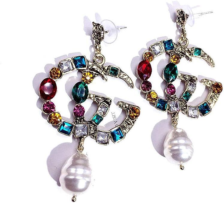 Color Crystal Earrings, Double G Letter, Irregular Pearls, Long Pearl Pendant, Women'S Earrings | Amazon (UK)