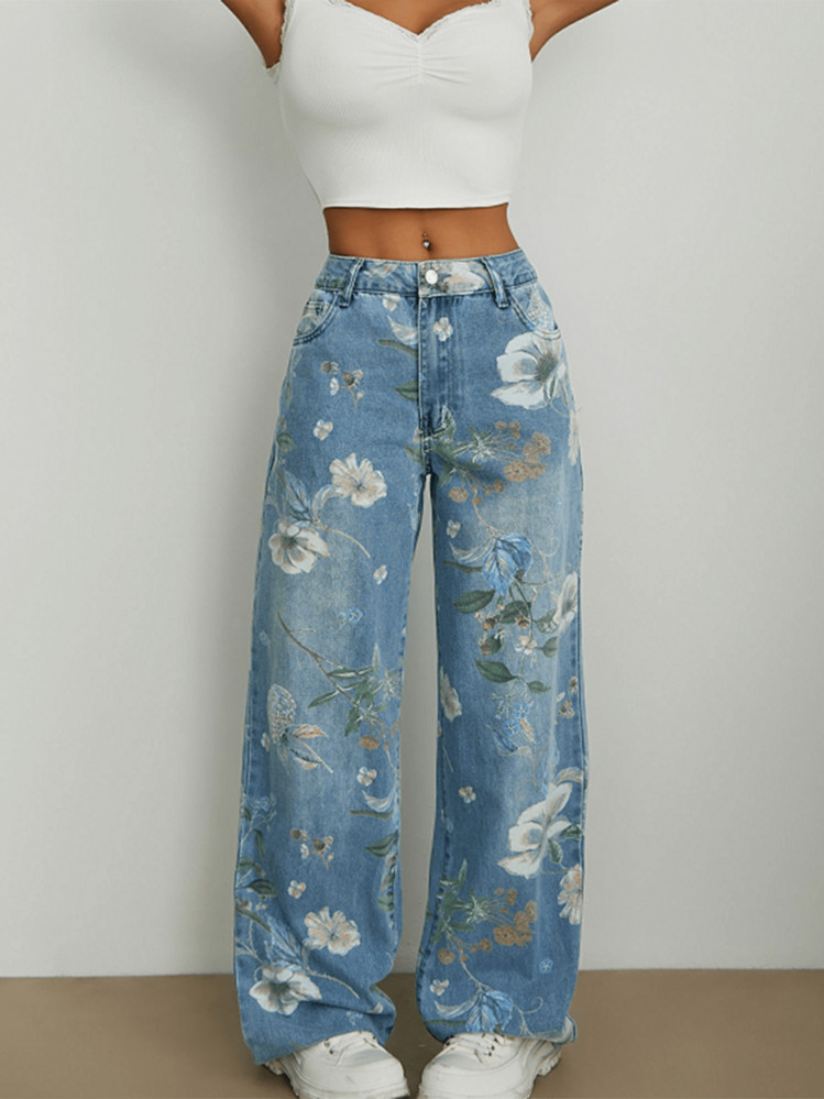 Stylish Floral Print Wide Leg Jeans For Women - Lightweight Mid Waist Denim Trousers | SHEIN