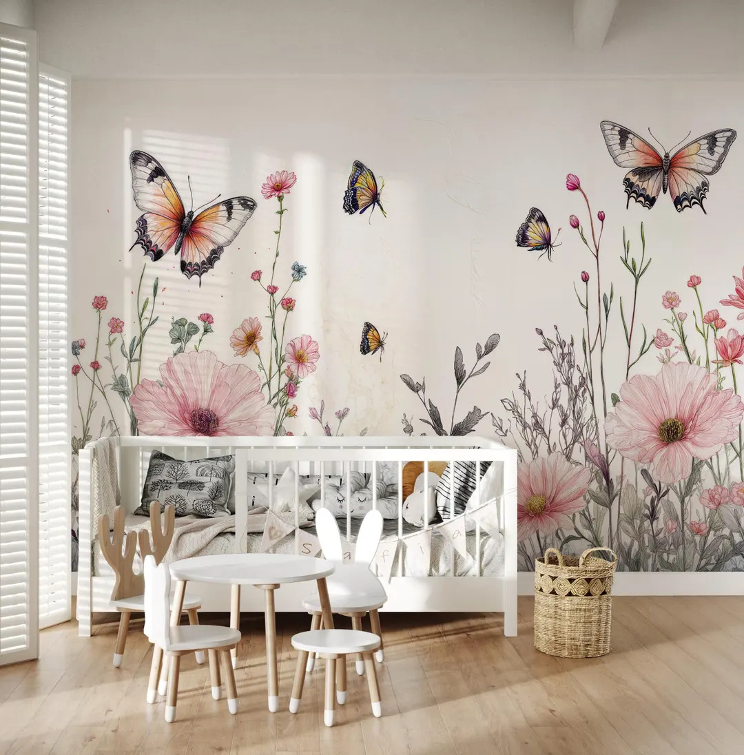 Butterfly Floral Nursery Mural: Soft Pastel Botanical Wallpaper (peel and Stick) - Etsy | Etsy (US)