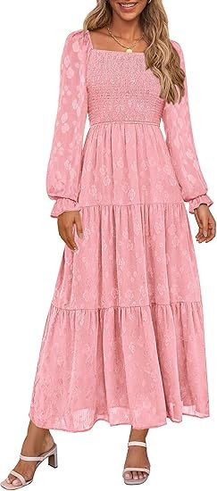 PRETTYGARDEN Wedding Guest Dresses for Women Floral Long Sleeve Smocked Tiered Elegant Long Flowy... | Amazon (US)
