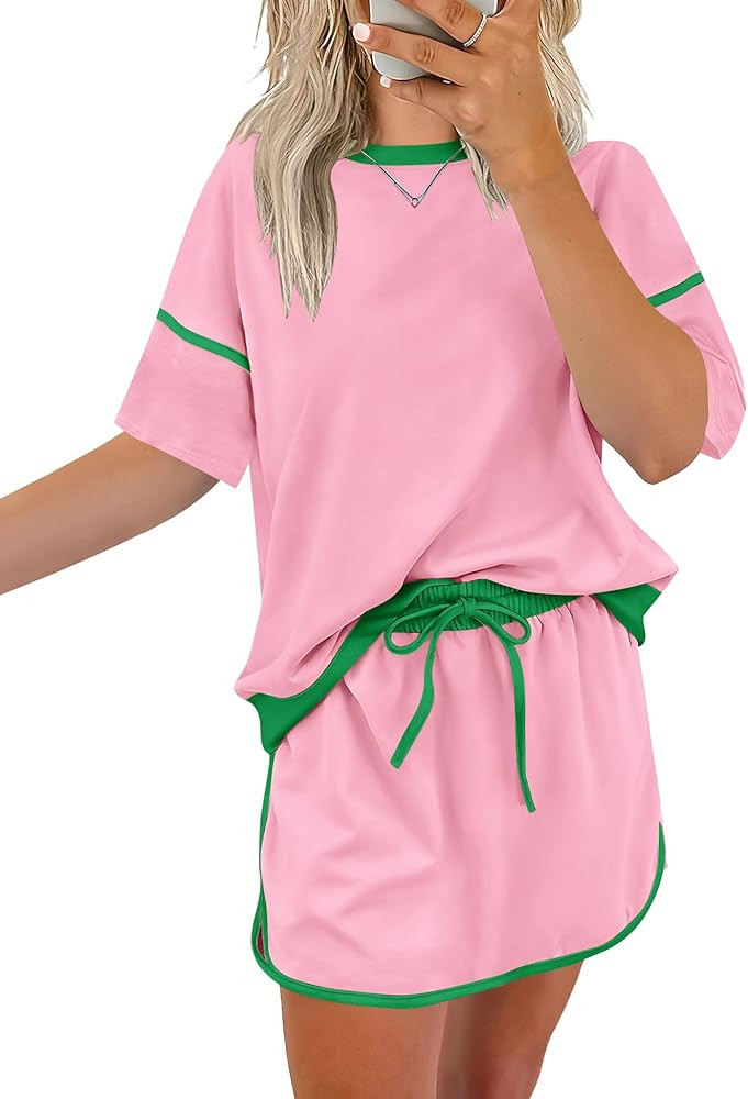 Rapbin Women's 2 Piece Sets Summer Casual Short Sleeve Tops Matching Drawstring Mini Skirt Going ... | Amazon (US)