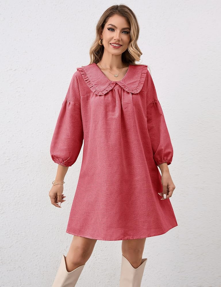 Women Puff Sleeve Babydoll Dress Cute Gingham Short Dresses Peter Pan Collar Checkered Shift Dres... | Amazon (US)