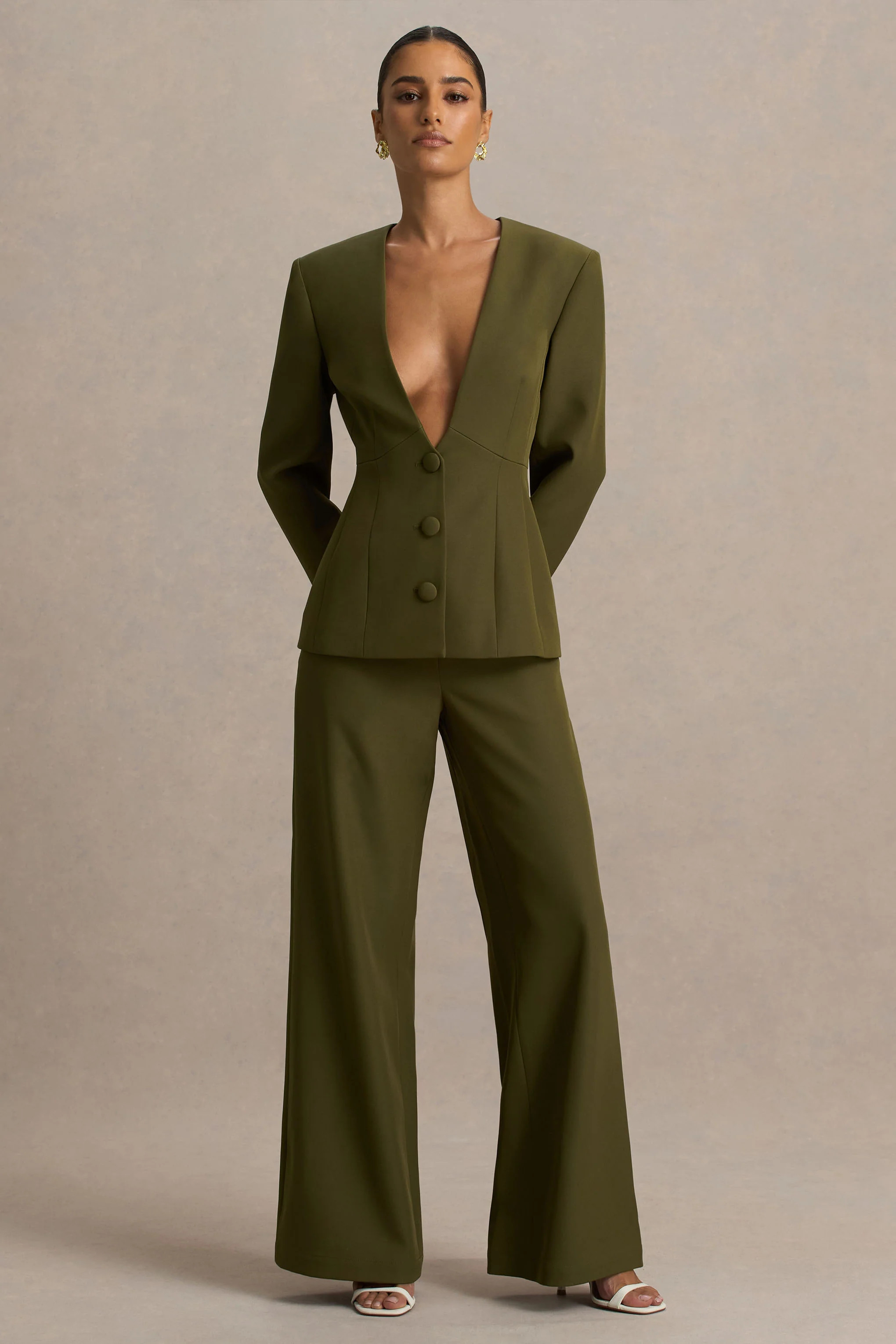 Silvia | Olive Straight-Leg Trousers | Club L London